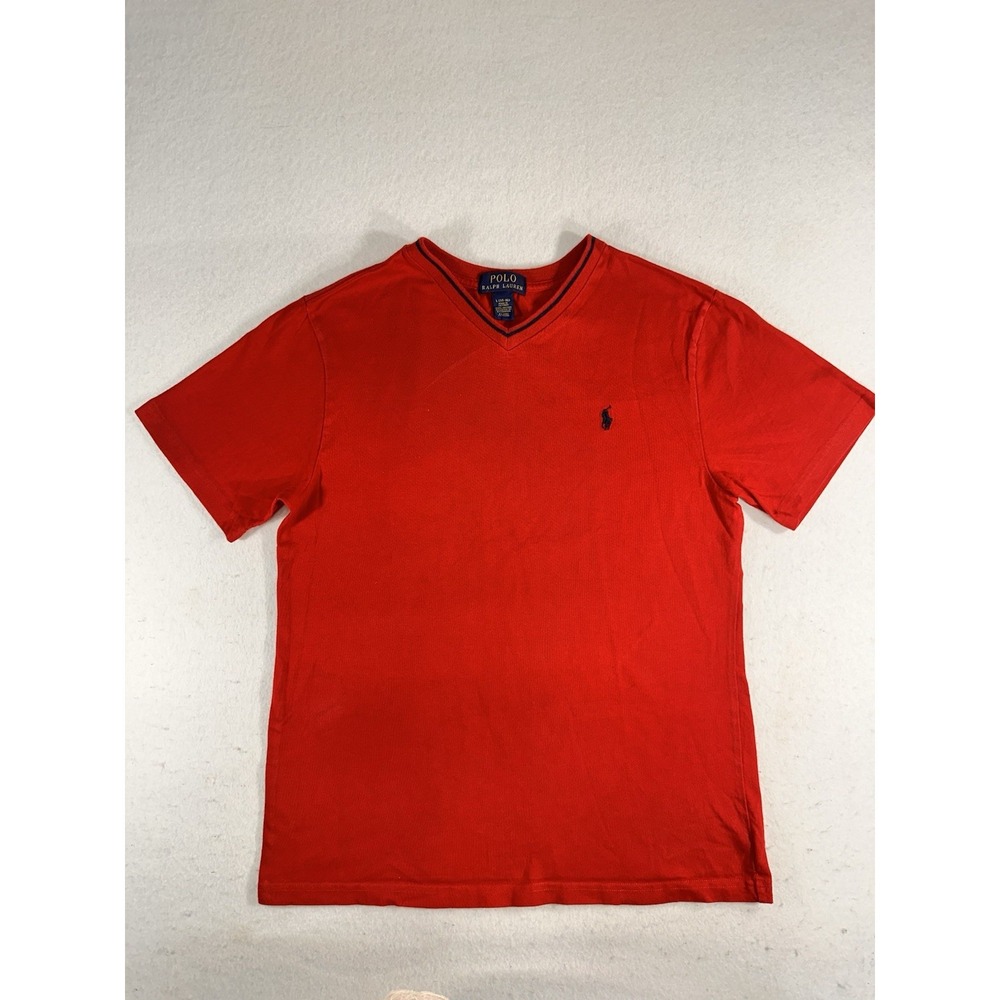 Polo Ralph Lauren Boys Red VNeck T-Shirt Youth Large 14 16 Short Sleeve Cotton